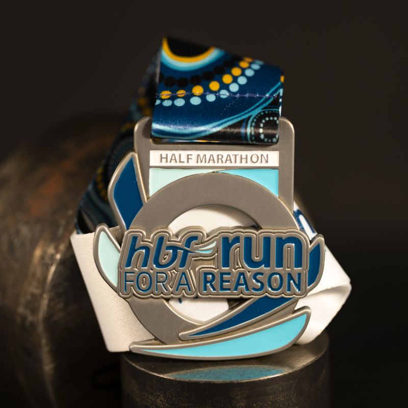 HBF Run For A Reason custom event medal with antique gold finish.