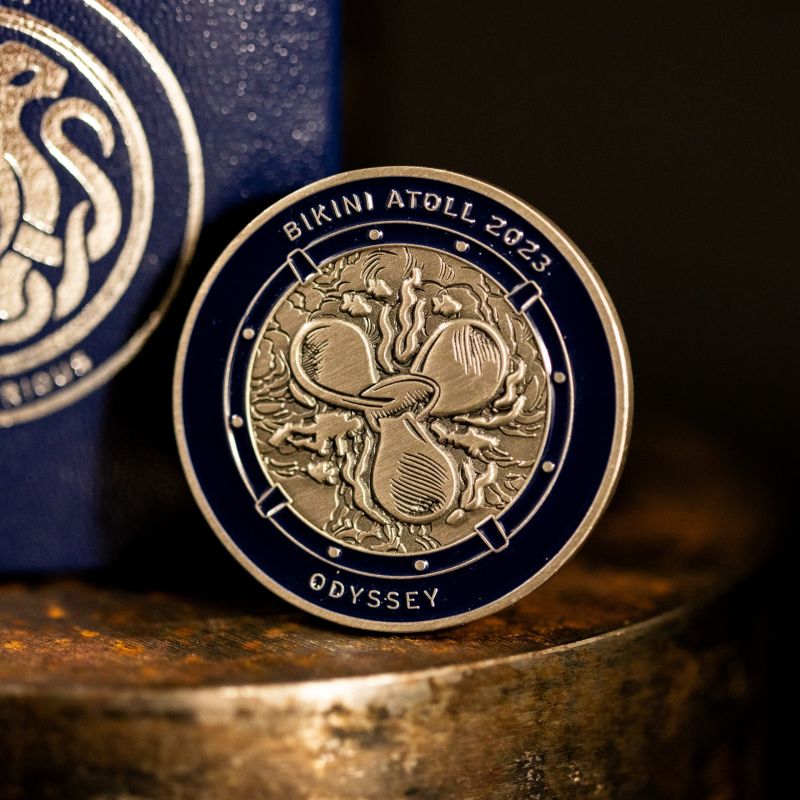 Custom Inkfish challenge coin in antique silver finish, with a custom design in the centre. The logo is coloured with enamel. 