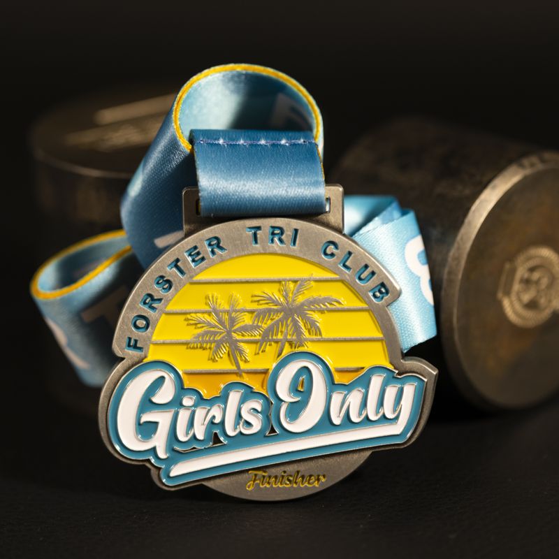 Girls Only Triathlon custom event medal with antique gold finish.