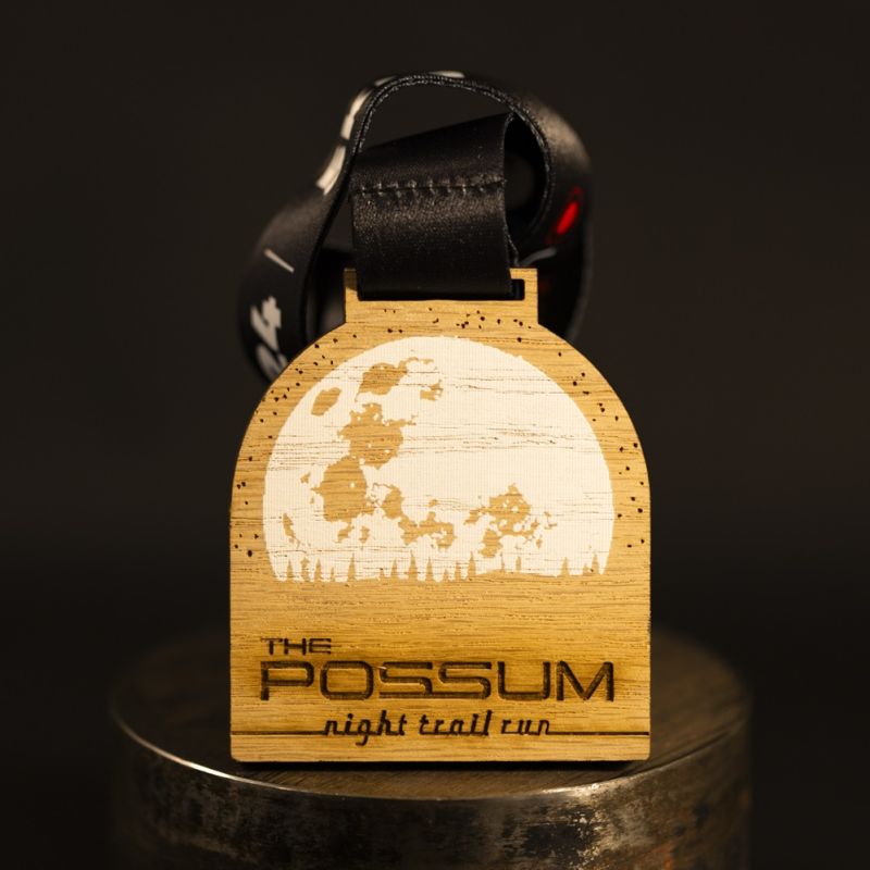 Possum Night Trail Run custom wooden medal.