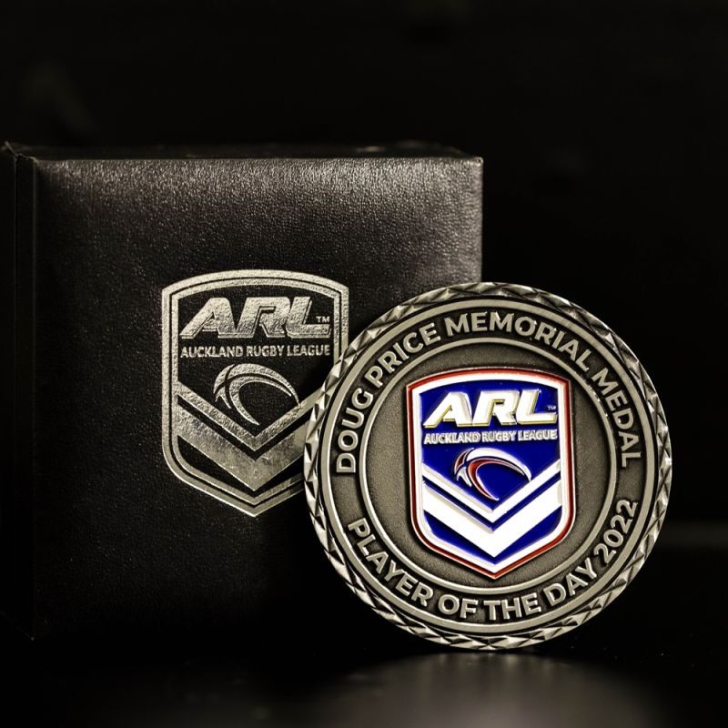 Custom New Zealand Army 'Regular Force Cadet' challenge coin in antique silver finish, with a custom design in the centre. The logo is coloured with enamel. 