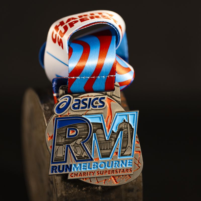 Run Melbourne custom event medal with antique gold finish.