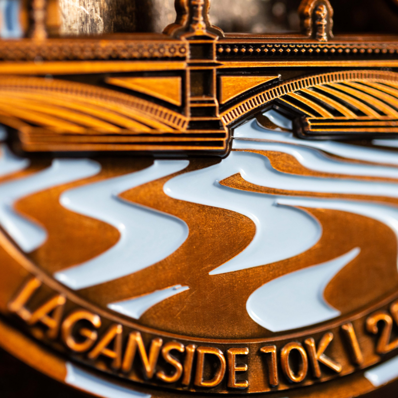 HBF Run For A Reason custom event medal with antique silver finish.