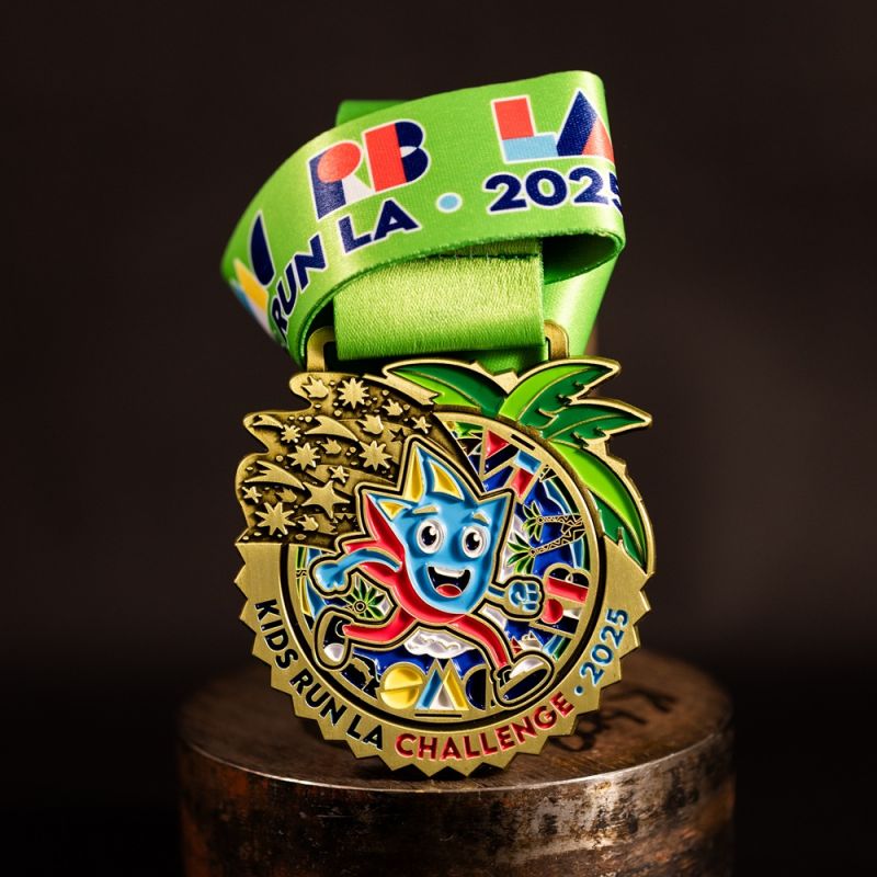 Metal Nike Melbourne Marathon custom event medal with antique gold finish. The marathon's logo is coloured in with enamel. The medal features a cut out that doubles as a bottle opener in its centre. 