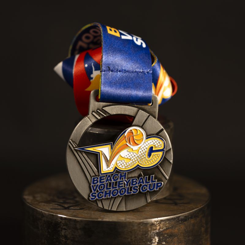 Beach Volleyball School Cup custom event medal with antique silver finish.