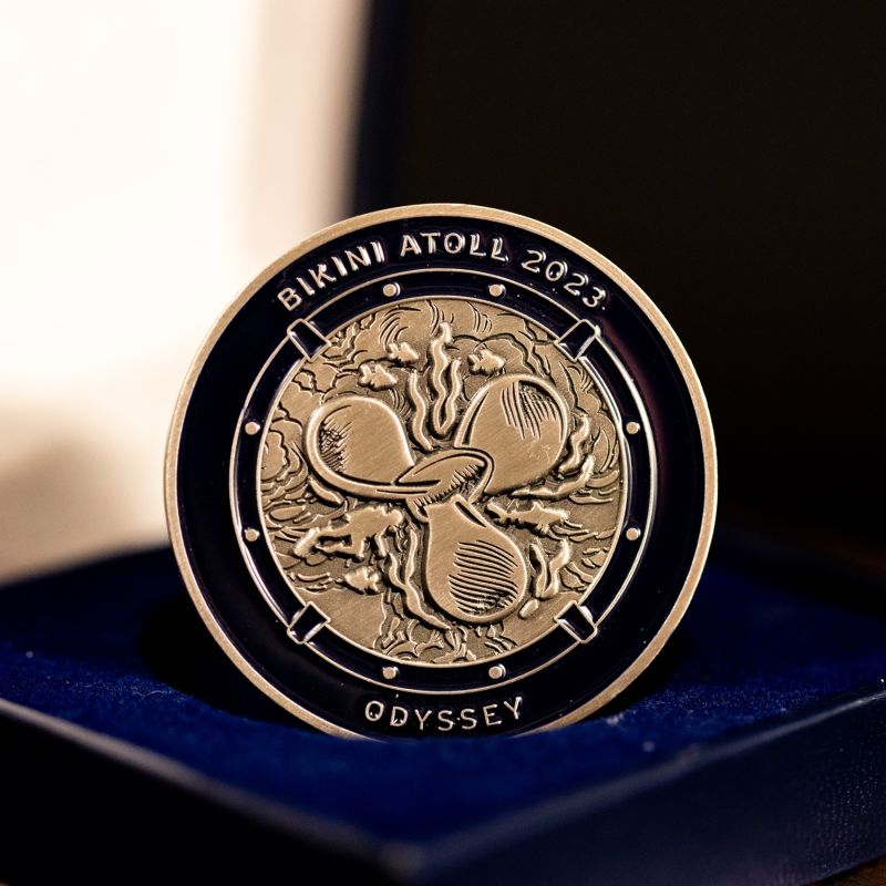 Custom Inkfish challenge coin in antique silver finish, with a custom design in the centre. The logo is coloured with enamel. 