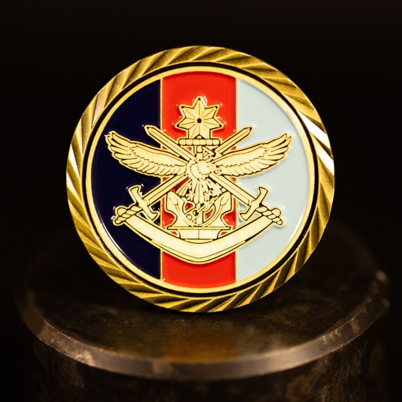 Custom New Zealand Army 'Regular Force Cadet' challenge coin in antique silver finish, with a custom design in the centre. The logo is coloured with enamel. 