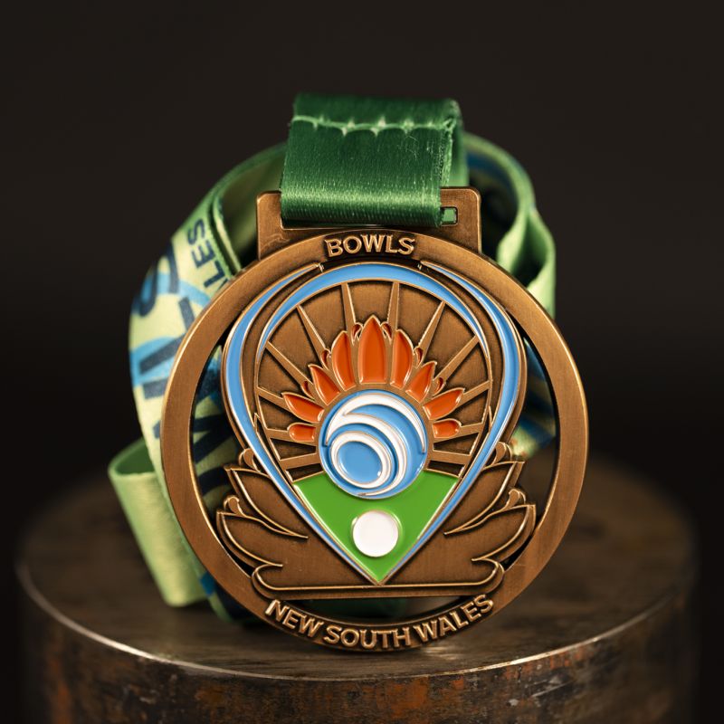 Bowls NSW custom event medal with antique bronze.