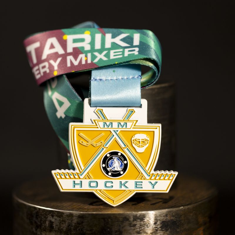 Mystery Mixer custom event medal with white base.